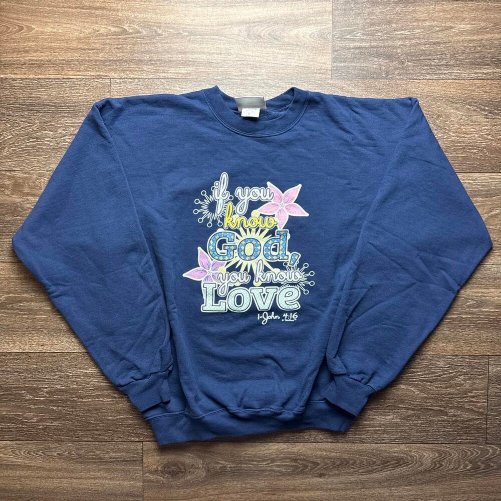 Navy Blue Vintage 1990s Crewneck Sweatshirt; 'If you know God, you know Love'